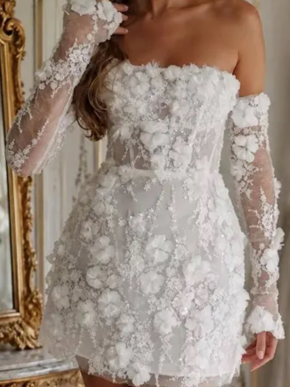 White Embellished Sheer Long Sleeve Mini Dress